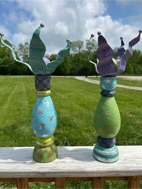 Vintage Set 2 Dept 56 15” Whimsical Wood Column  Candlesticks‎ Y2K Small Flaw